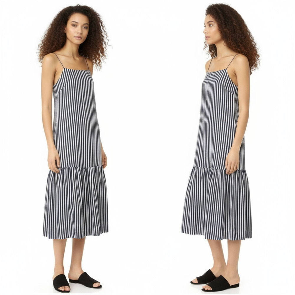 Elizabeth and James Jewel Cami Dress Womens 4 Navy White Striped Midi Flounce
